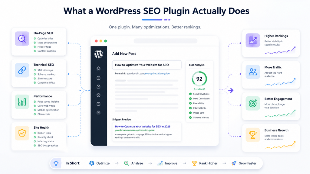 "Infographic explaining how a wordpress seo optimization plugin improves on-page SEO, technical SEO, performance, and site health to increase rankings, traffic, engagement, and business growth."
"Infographic explaining how a WordPress SEO plugin improves on-page SEO, technical SEO, performance, and site health to increase rankings, traffic, engagement, and business growth."