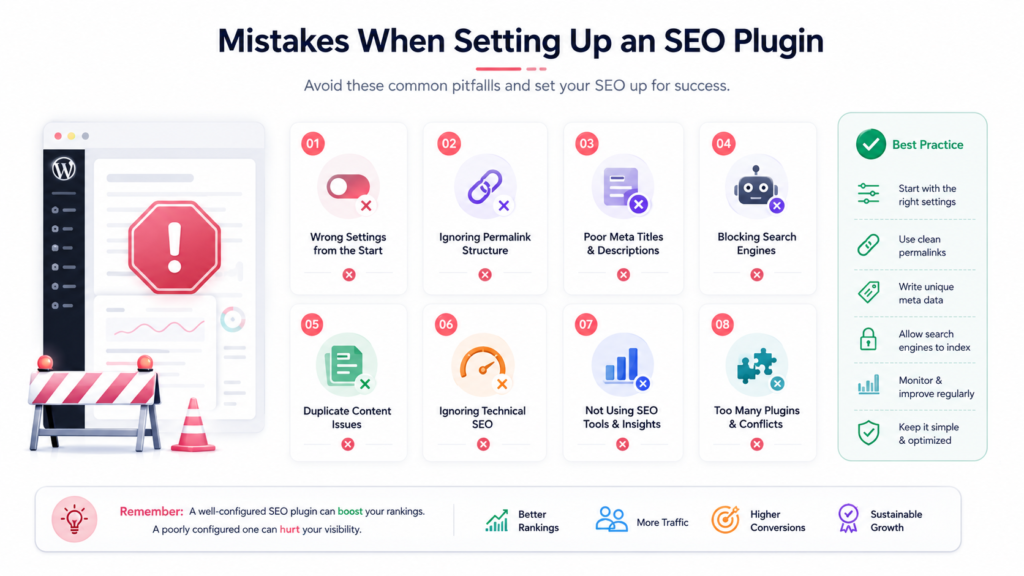 wordpress seo optimization plugin infographic showing common SEO plugin setup mistakes, including incorrect settings, permalink issues, poor meta tags, blocked indexing, duplicate content, technical SEO errors, unused SEO tools, and plugin conflicts."